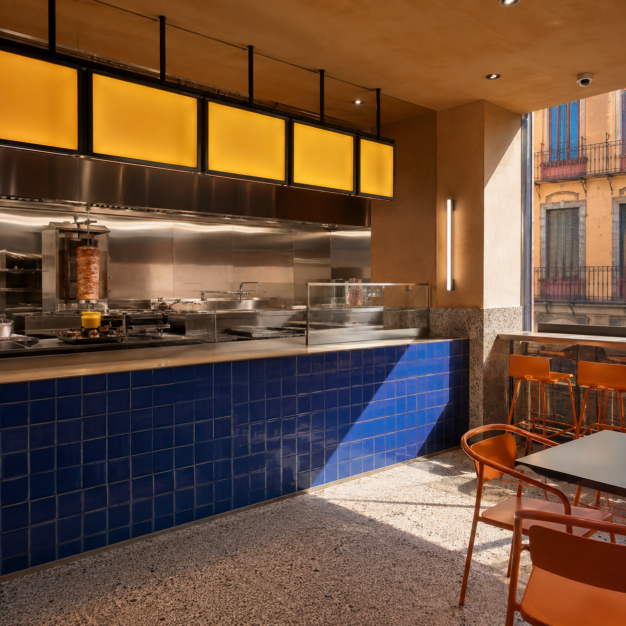 Concepto del interior de Zampa, barra azul y mesas con sillas naranjas